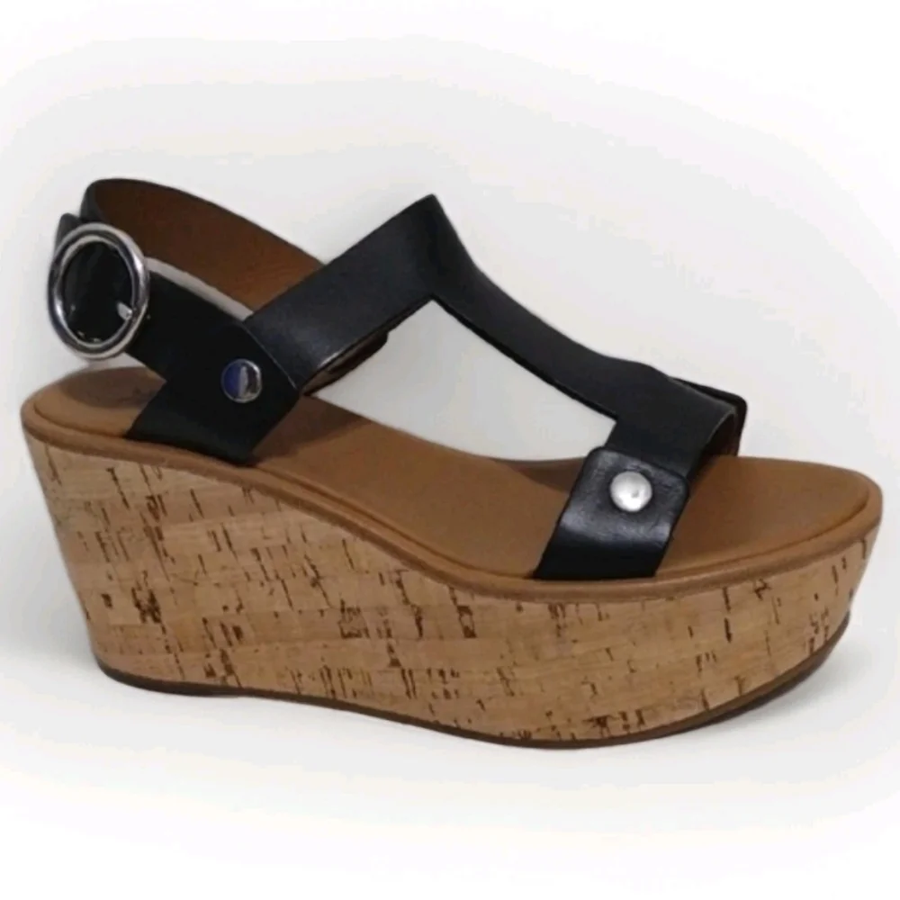 NEW Frye Black Leather Cork Wedge Platform Sandals Boho Luxe US 8.5 MSRP $458